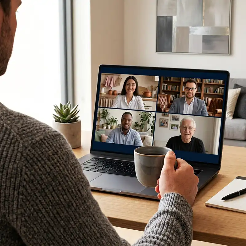 Entrepreneur en télétravail tenant une tasse de café devant un écran de visioconférence avec quatre participants souriants dans leurs espaces respectifs